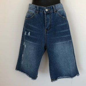 Lightly Distressed Med Wash High Rise Denim Shorts